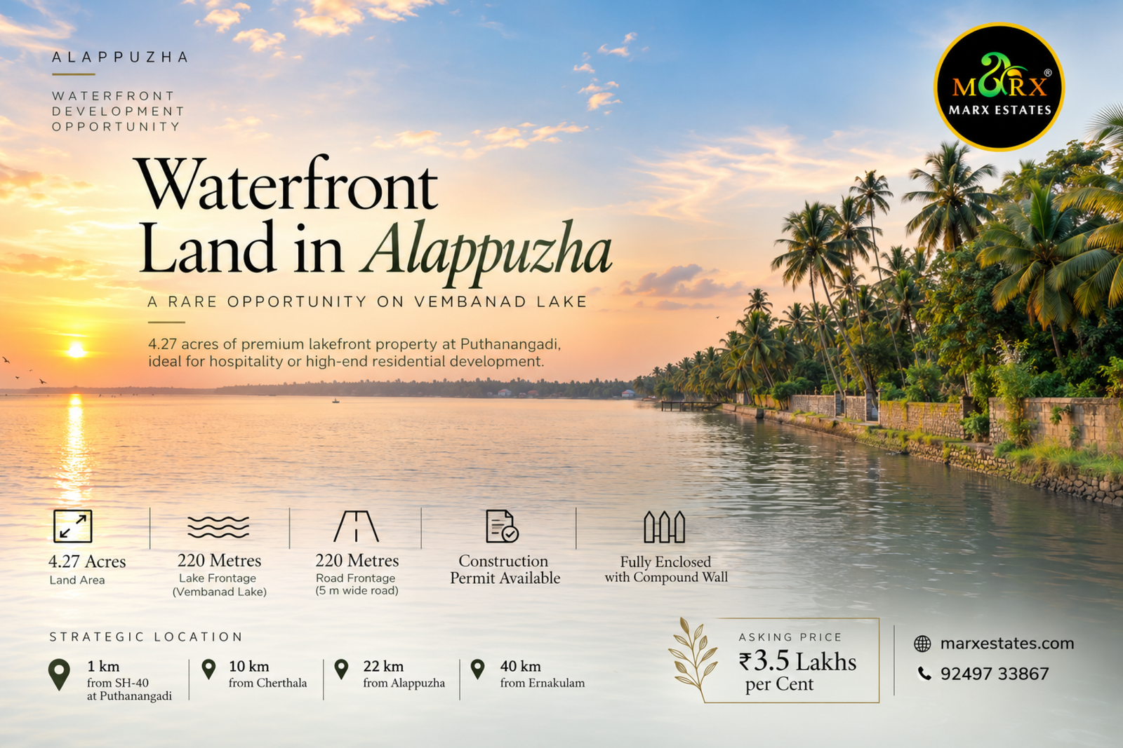 3.5 Acre Waterfront land alappy