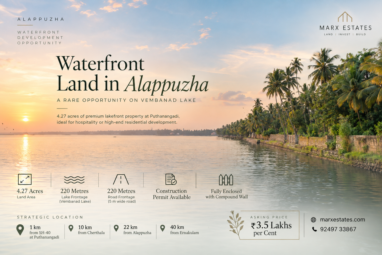 3.5 Acre Waterfront land alappy